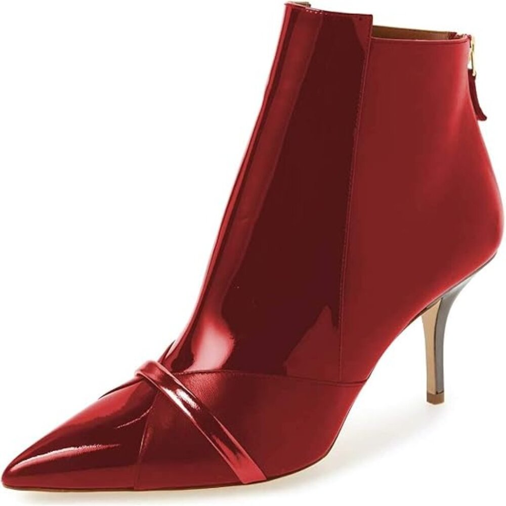 FSJ Red Mid Heel Ankle Boots Pointed Toe Bootie Chelsea Zipper  Fashion Shoe